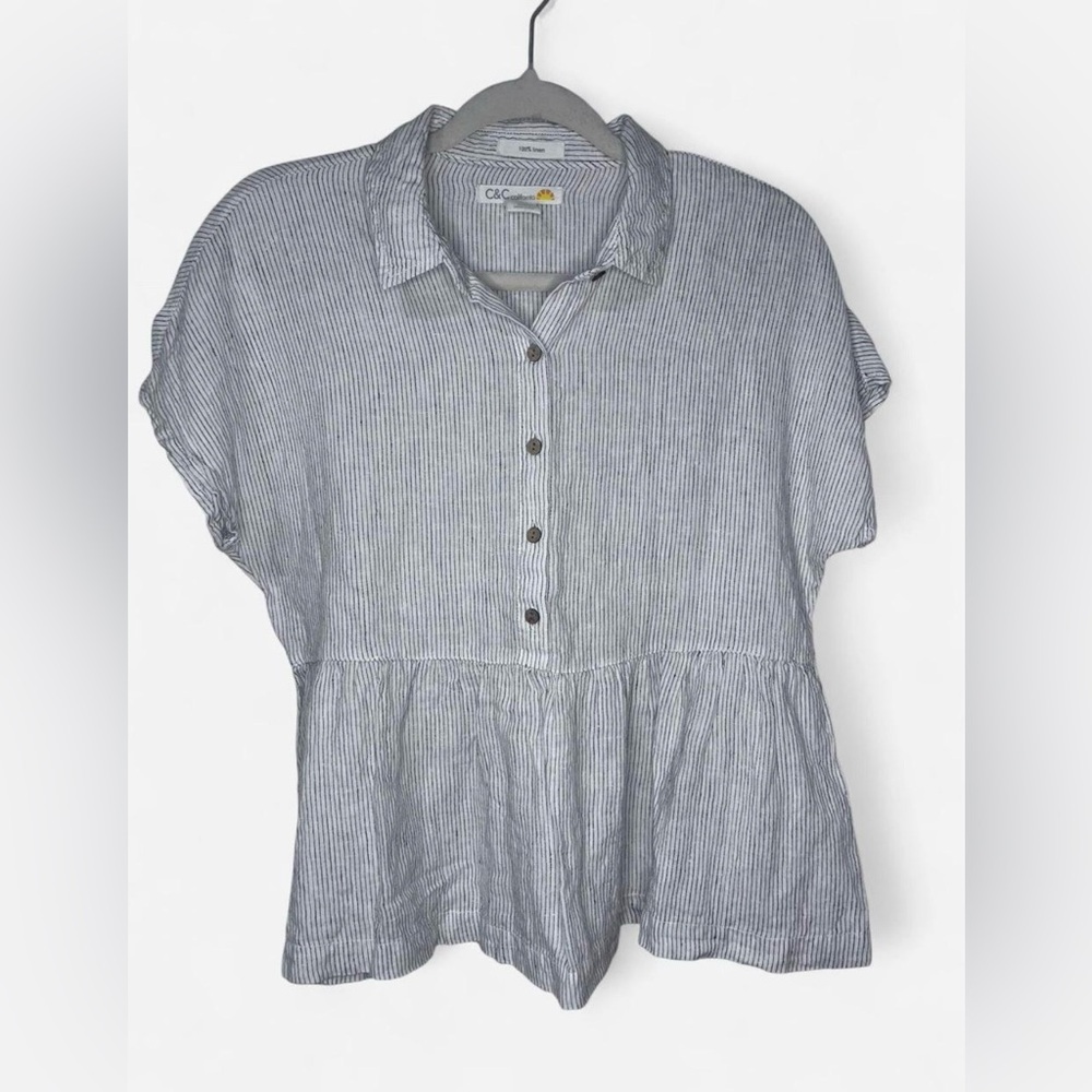 C&C California 100% Linen Striped Button Up Babydoll Top Women’s Small